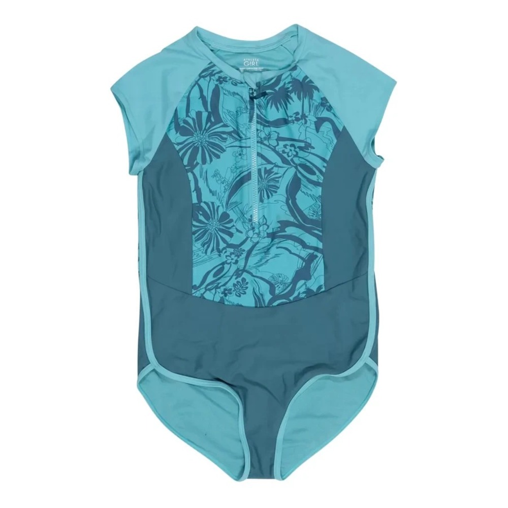 Athleta Girls Short Sleeve One Piece Small Surfdream Gulf Green Swimwear